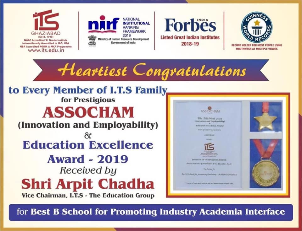 I.T.S Ghaziabad awarded for "BEST B SCHOOL For PROMOTING INDUSTRY ACADEMIA INTERFACE"