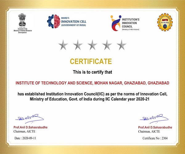 Institution  Innovation Council-IIC of ITS was granted  renewal for academic year 2020-21 by the Innovation Cell, Ministry of Education, Govt. Of India.